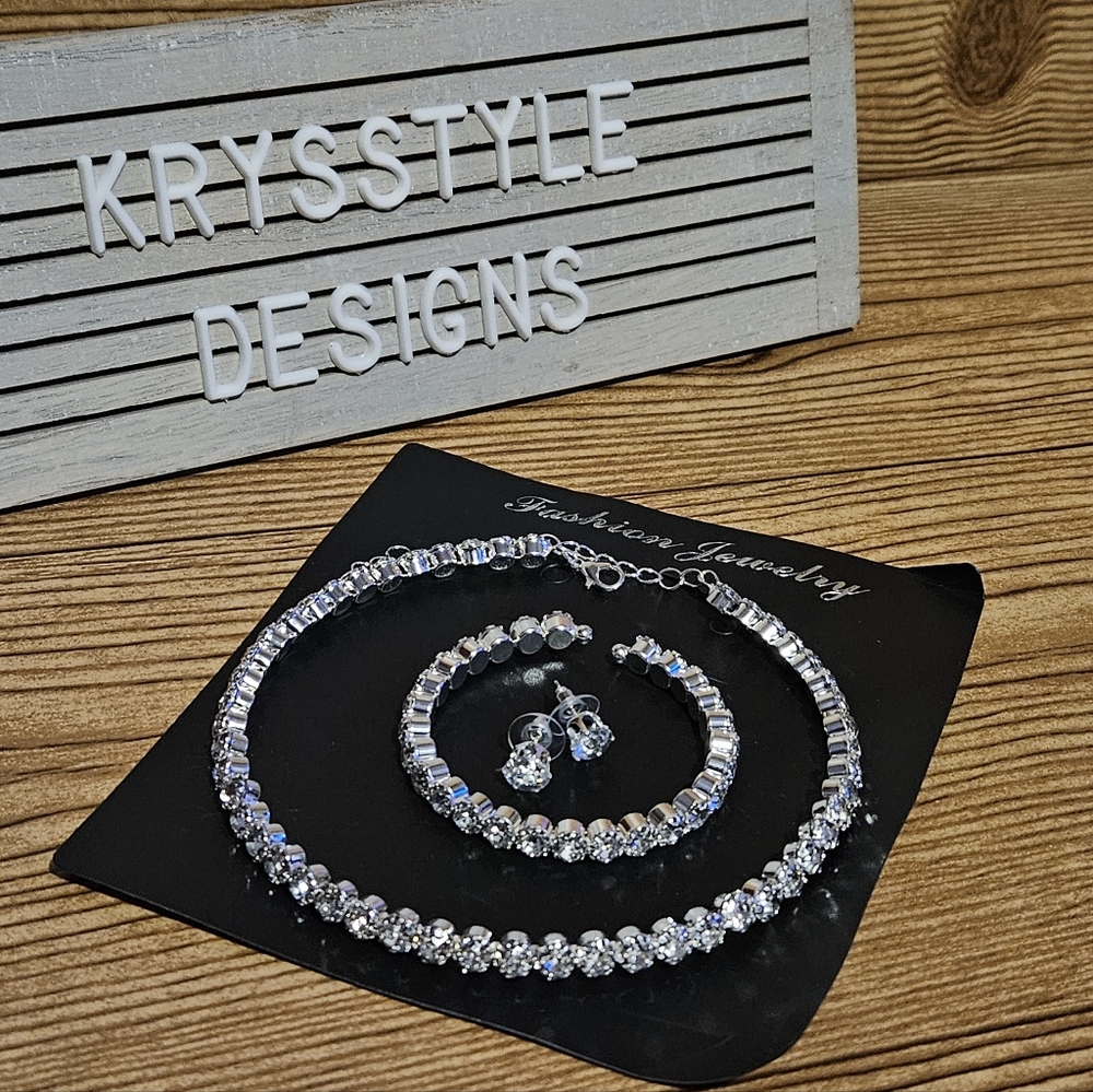 Crystal Choker Necklace, Open Bangle Bracelet And Earrings